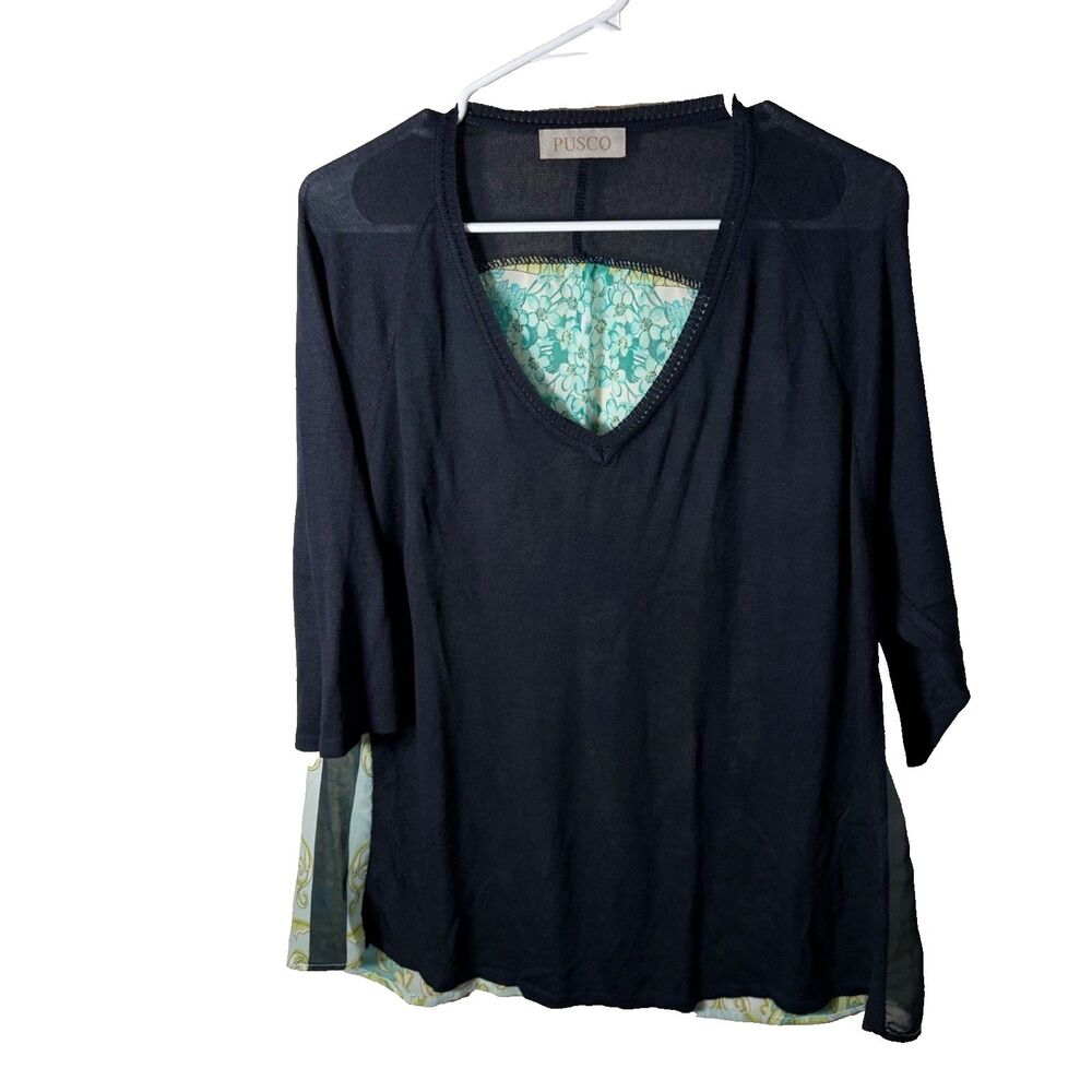 Pusco Top Women's Medium Navy Knit Colorful Lightweight Mixed Media Top Shirt